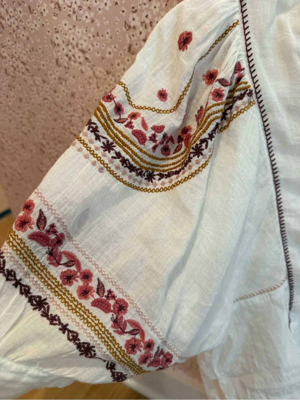 Anthropologie White Peasant Blouse with Multicolor Embroidery